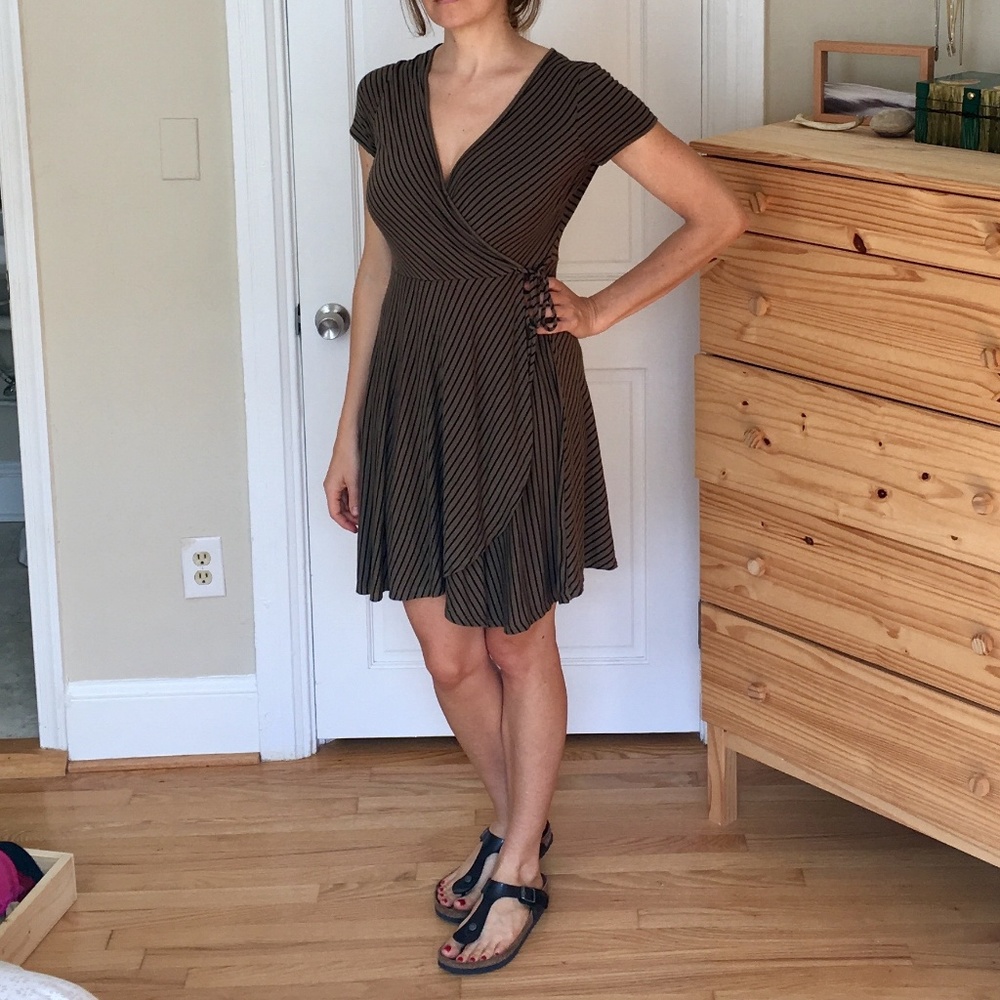 Faux Wrap Dress - Olive Green With Black Stripes